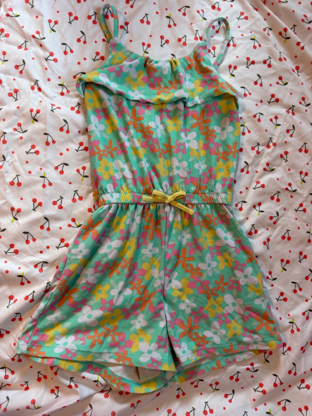 Floral Mint Romper with Yellow Tie